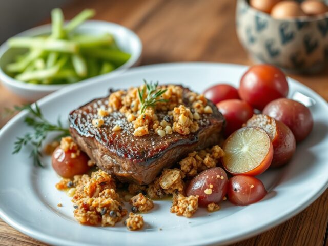 Hertengebraad met groentecrumble