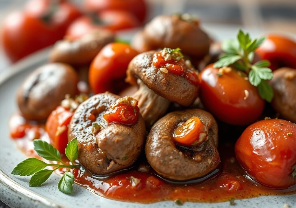 Hoedjes van shiitake met een kwarteleitje op tomatenjam, AI-gegenereerde illustratie