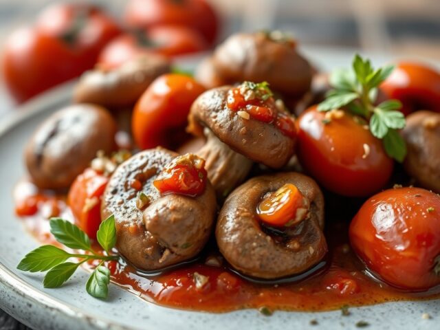 Hoedjes van shiitake met een kwarteleitje op tomatenjam — AI-gegenereerde illustratie