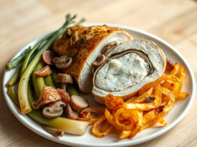 Hoevekip gevuld met geitenkaas, champignons en gedroogde ham, prei en stroaardappelen
