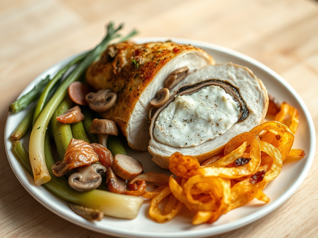 Hoevekip gevuld met geitenkaas, champignons en gedroogde ham, prei en stroaardappelen, AI-gegenereerde illustratie