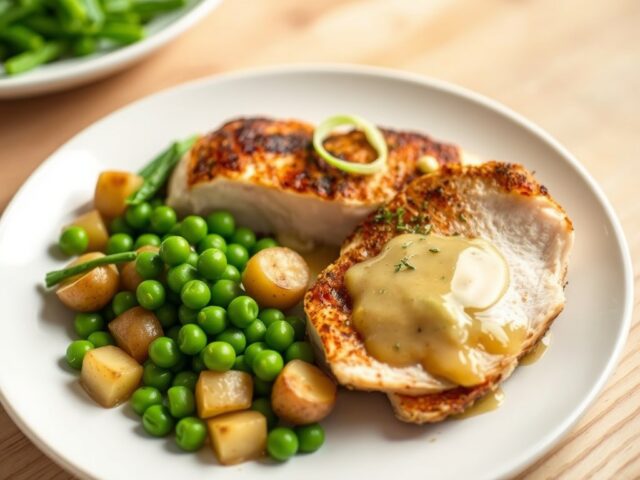 Hoevekipfilets met erwten, aardappelen en sjalot-tijmsaus