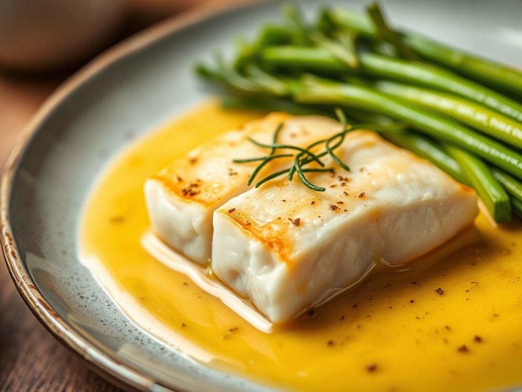 Hollandse kabeljauwfilet met taugé (zie opm), AI-gegenereerde illustratie