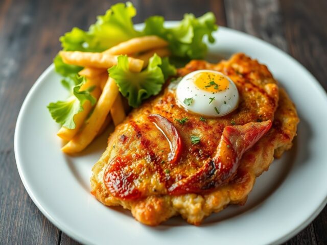 Holsteiner schnitzel met friet en sla — AI-gegenereerde illustratie