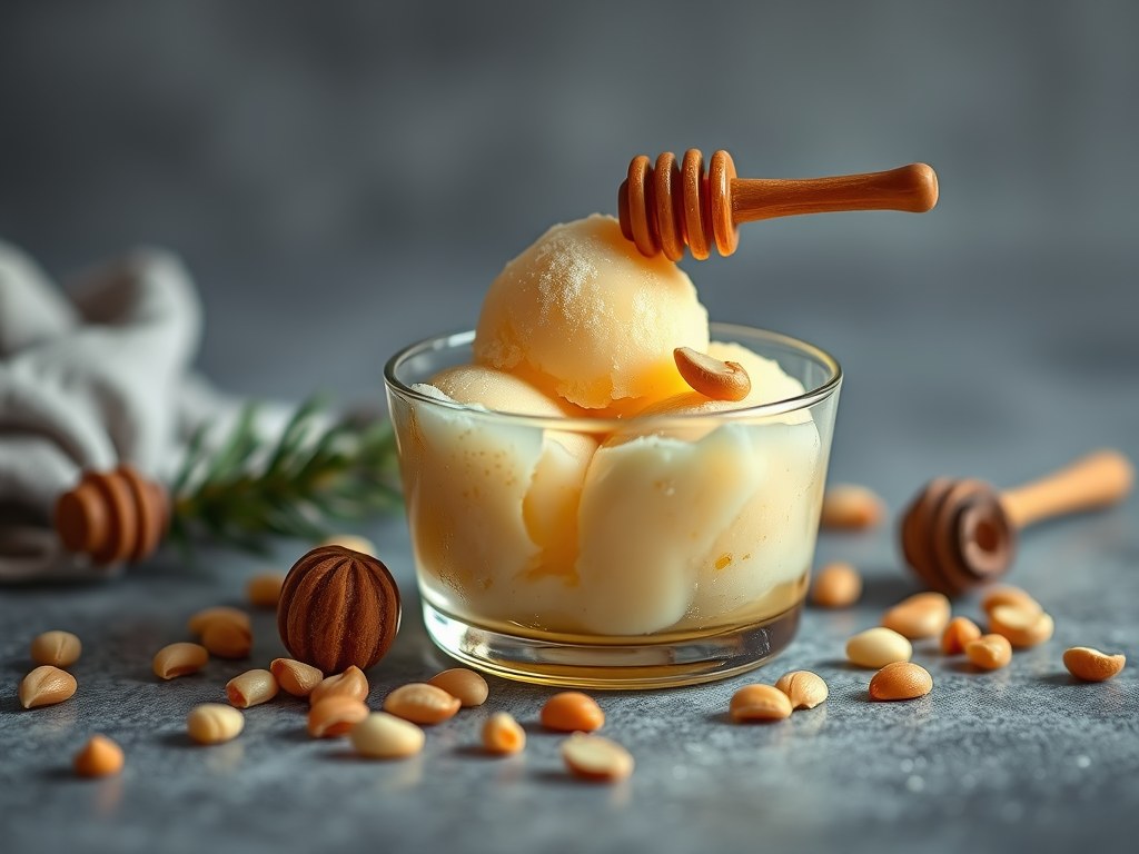 Honingsorbet met pijnboompitten, AI-gegenereerde illustratie