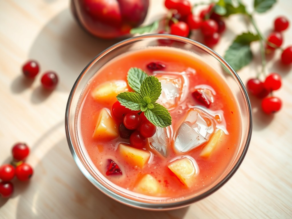 Hoogzomersoepje met nectarines en rode bessen, AI-gegenereerde illustratie