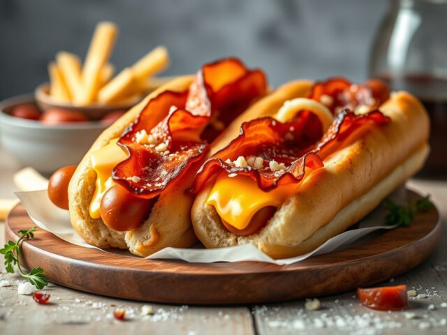 Hotdogs met kaas en bacon — AI-gegenereerde illustratie