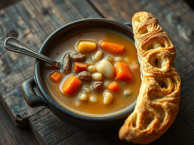 Hutspotsoep met kaasstokbrood