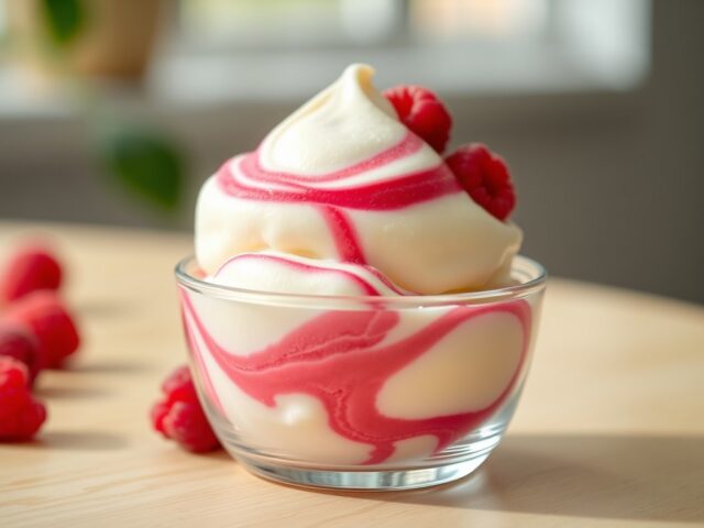 IJsje van vanilleyoghurt met frambozenswirl