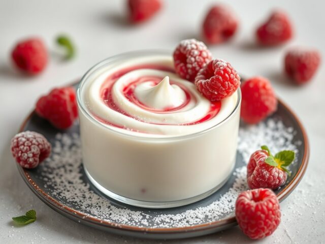 IJsje van vanilleyoghurt met frambozenswirl — AI-gegenereerde illustratie
