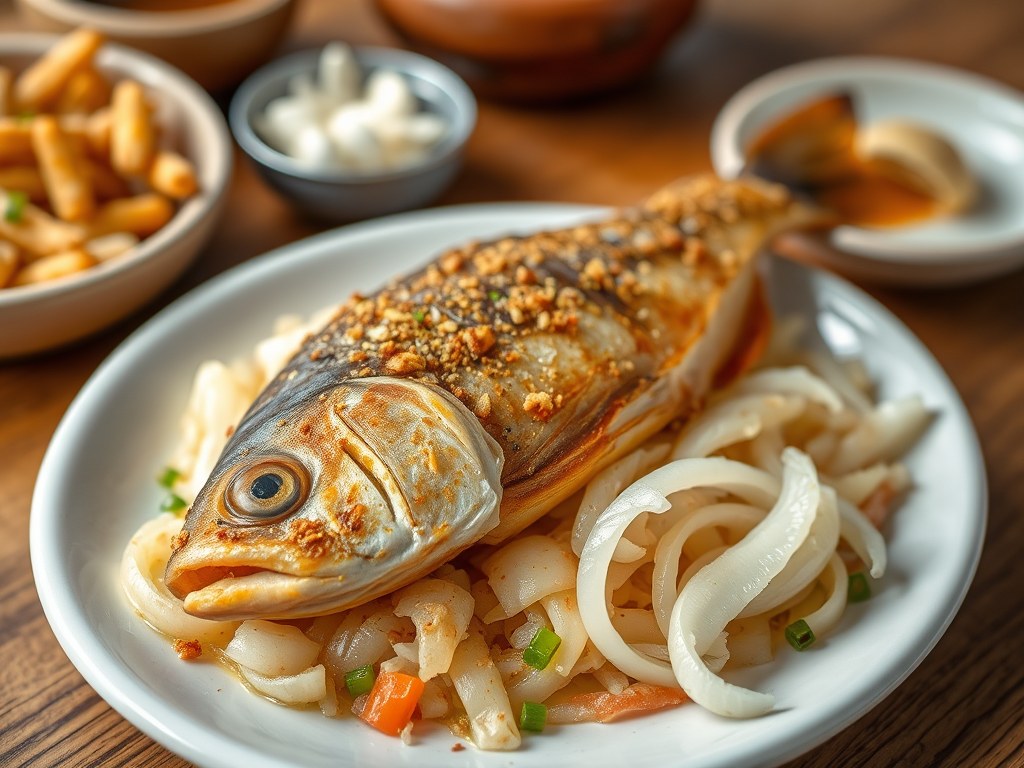 Ikan djahé (gebakken vis), AI-gegenereerde illustratie