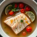 In bouillon gegaarde zalmfilet met korianderolie