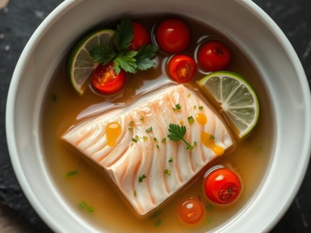 In bouillon gegaarde zalmfilet met korianderolie