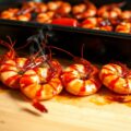 In chilisaus gemarineerde Gamba’s in de oven