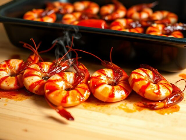 In chilisaus gemarineerde Gamba’s in de oven