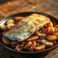 In de oven gebakken roodbaars met aardappelen zoals in Lyon