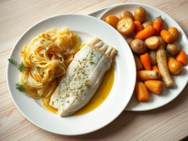 In de oven gegaarde tongscharfilet met gesmoorde savooikool