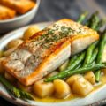In mosterdsaus gegaarde zalm met groene asperges