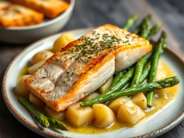 In mosterdsaus gegaarde zalm met groene asperges