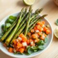 In olie gebakken asperges met spinaziesalade en papaja