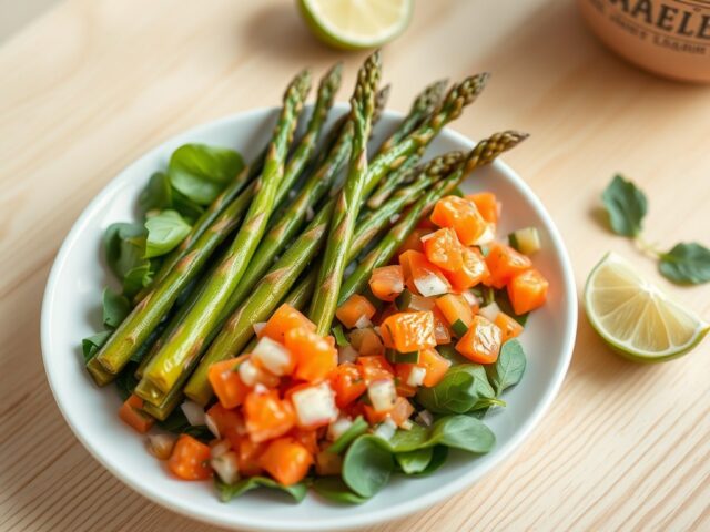 In olie gebakken asperges met spinaziesalade en papaja