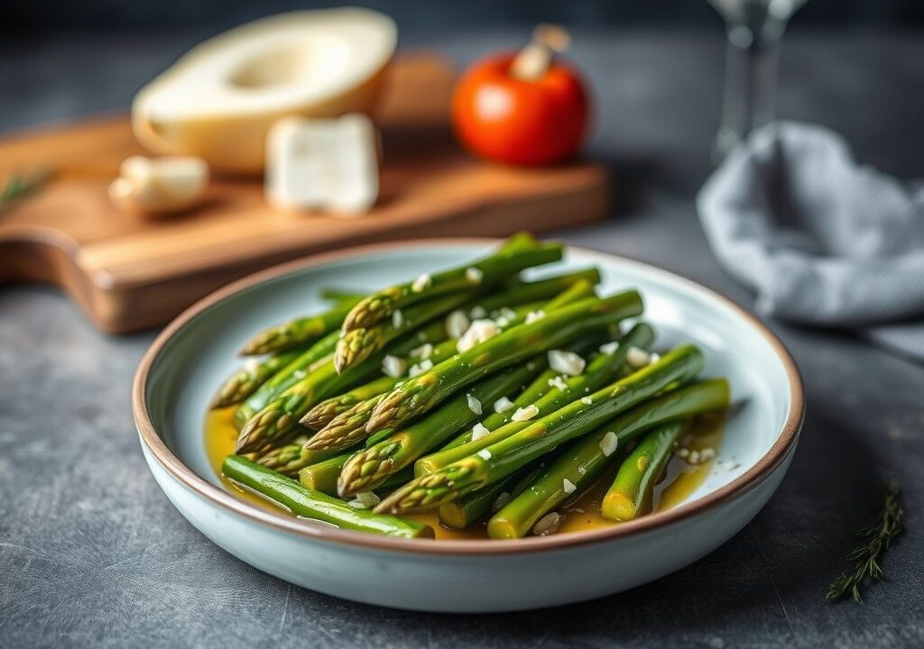In olijfolie gesmoorde groene asperges met (zie opm.) — AI-gegenereerde illustratie