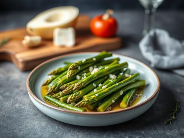 In olijfolie gesmoorde groene asperges met (zie opm.) — AI-gegenereerde illustratie