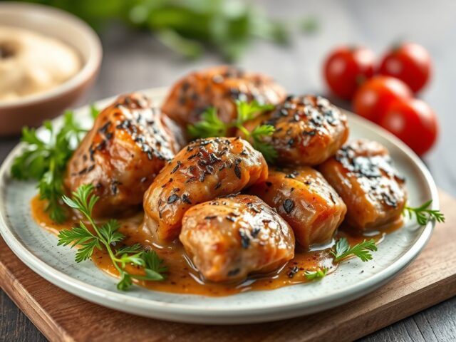 In parmaham gewikkelde biefstukjes met saliesaus