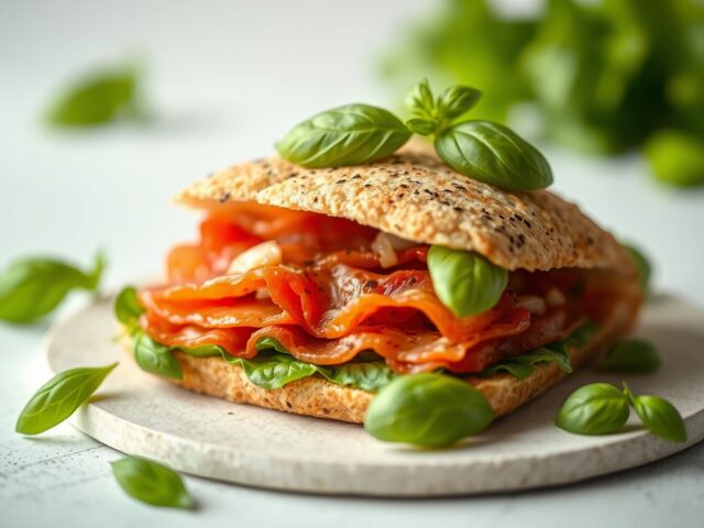 In sandwich opgerolde carpaccio met huisgemaakte p