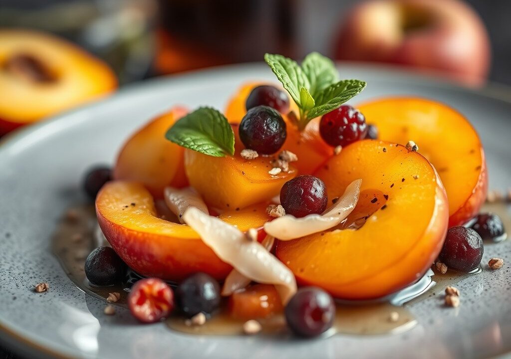 In wijn gemarineerde nectarines met zomerfruit, AI-gegenereerde illustratie