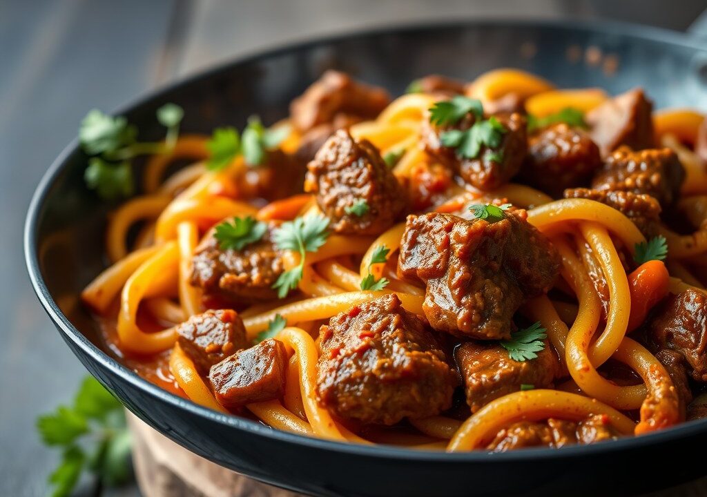 Indiase curry met rundvlees, AI-gegenereerde illustratie