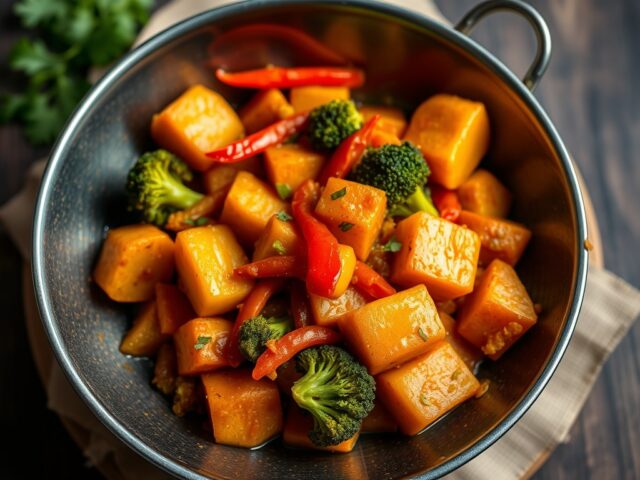 Indiase zoete groentecurry — AI-gegenereerde illustratie