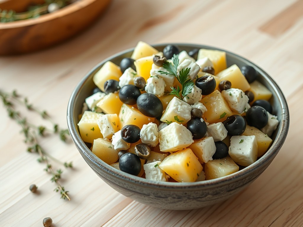 Italiaanse aardappelsalade met schapenkaas, AI-gegenereerde illustratie