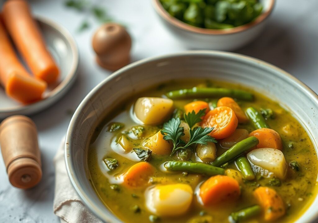 Italiaanse maaltijdsoep met pesto, AI-gegenereerde illustratie