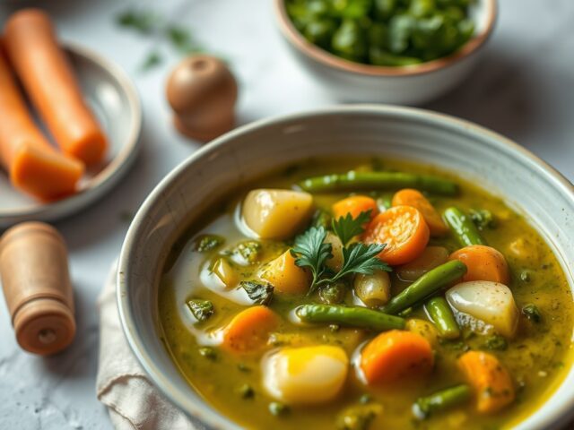 Italiaanse maaltijdsoep met pesto — AI-gegenereerde illustratie