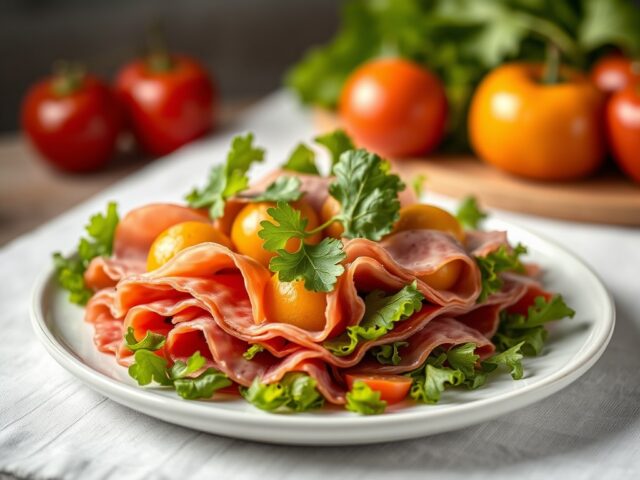 Italiaanse Parmaham met meloenbolletjes, ruccola sla