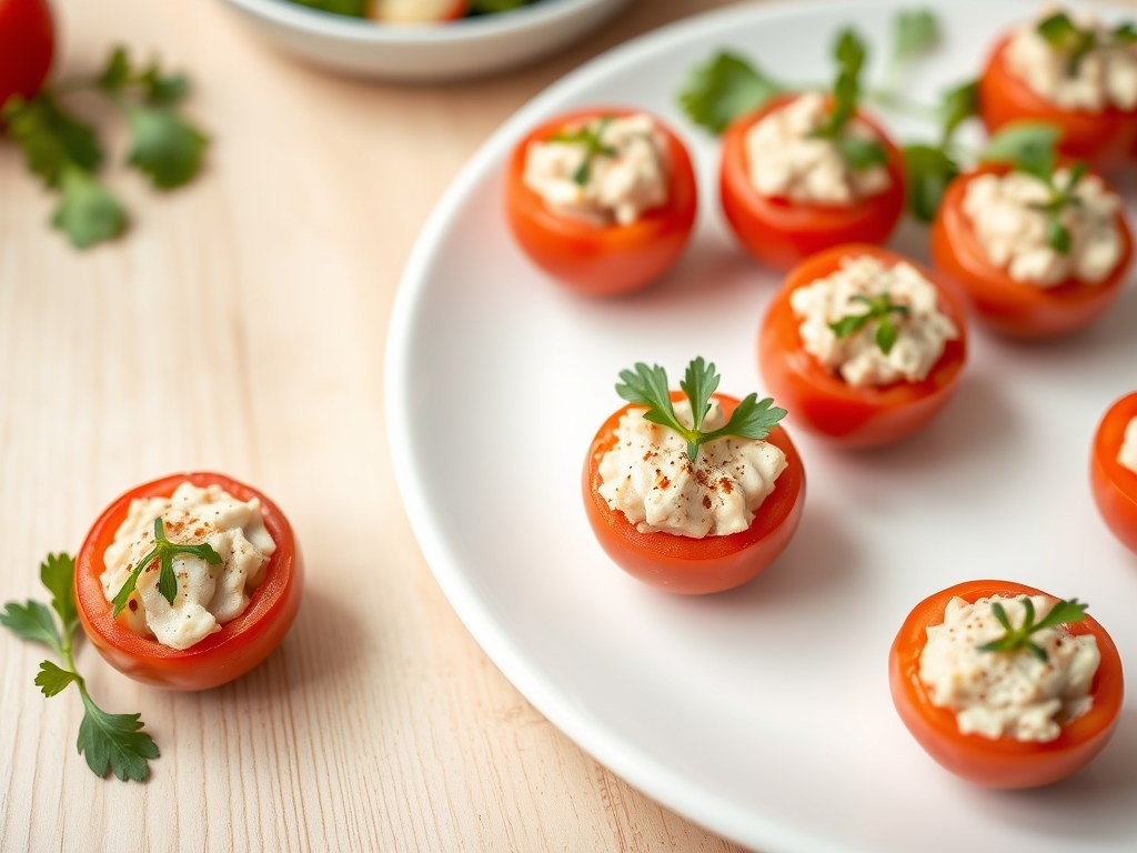 Italiaanse tomaatjes gevuld met tonijnsalade, AI-gegenereerde illustratie