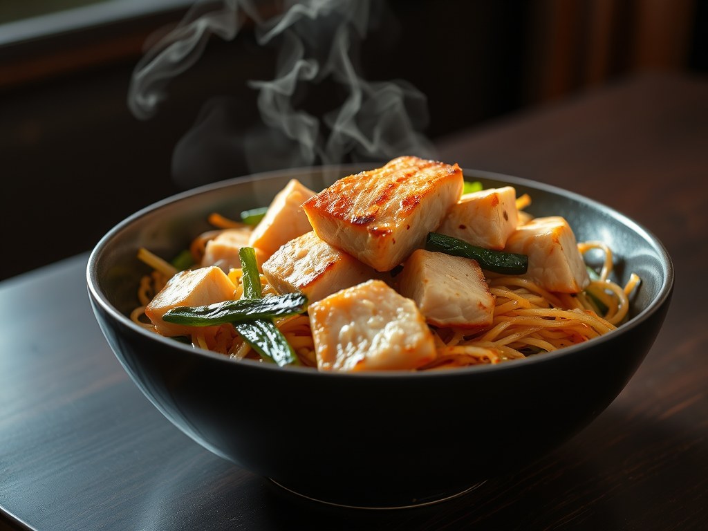 Japanse wokschotel met zalm, AI-gegenereerde illustratie