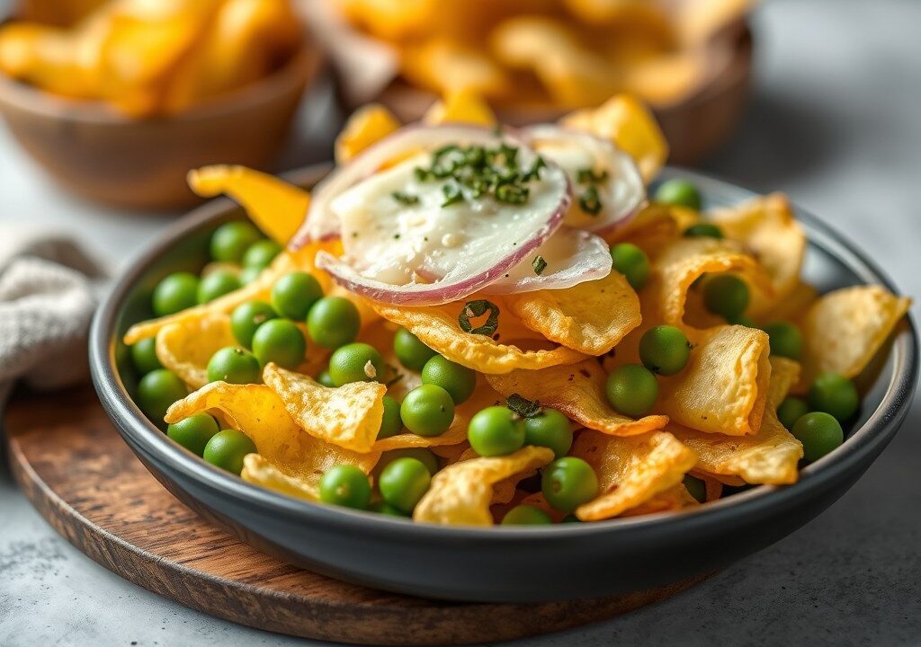 Kaas-Chips schotel, AI-gegenereerde illustratie