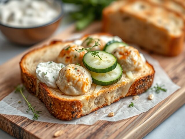 Kaas-ui brood met gehaktbal, komkommer en roomkaas — AI-gegenereerde illustratie