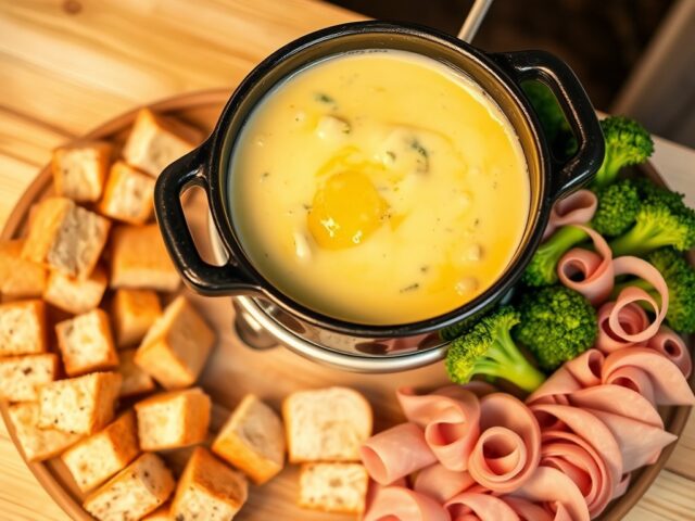 Kaasfondue met ham en pesto