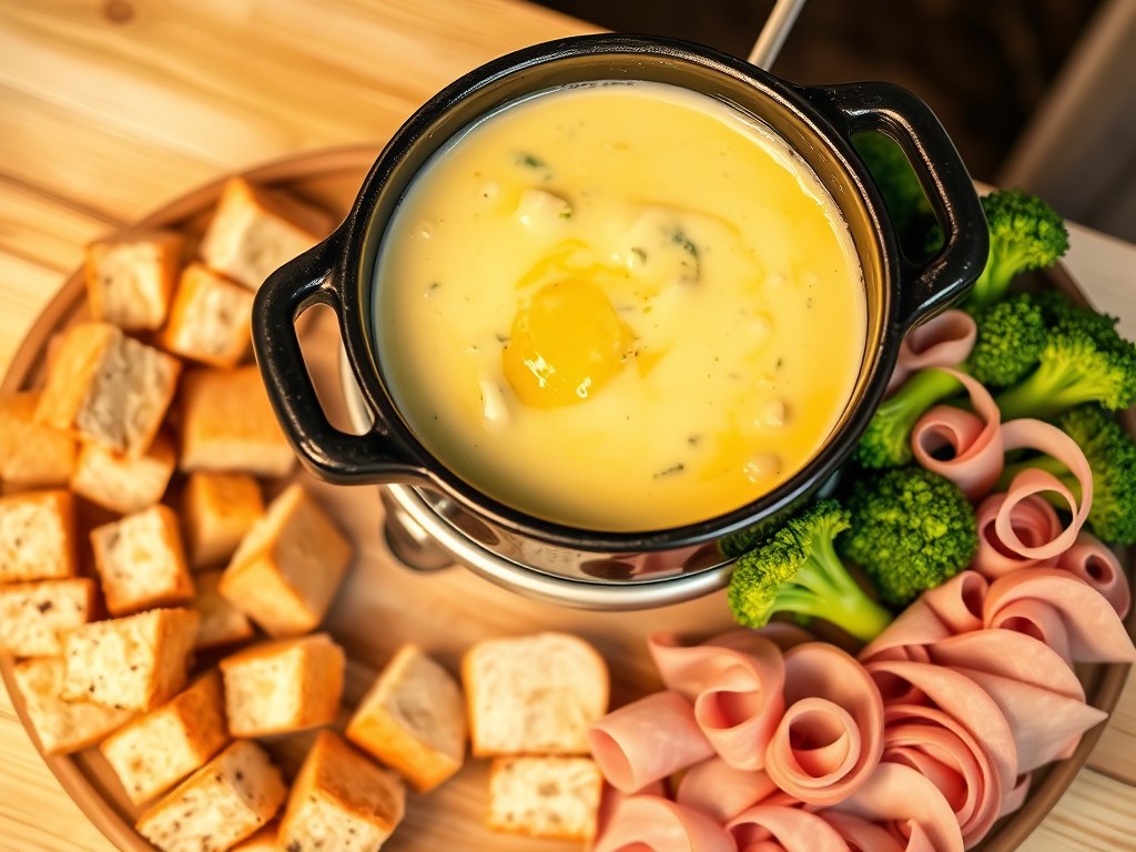 Kaasfondue met ham en pesto, AI-gegenereerde illustratie