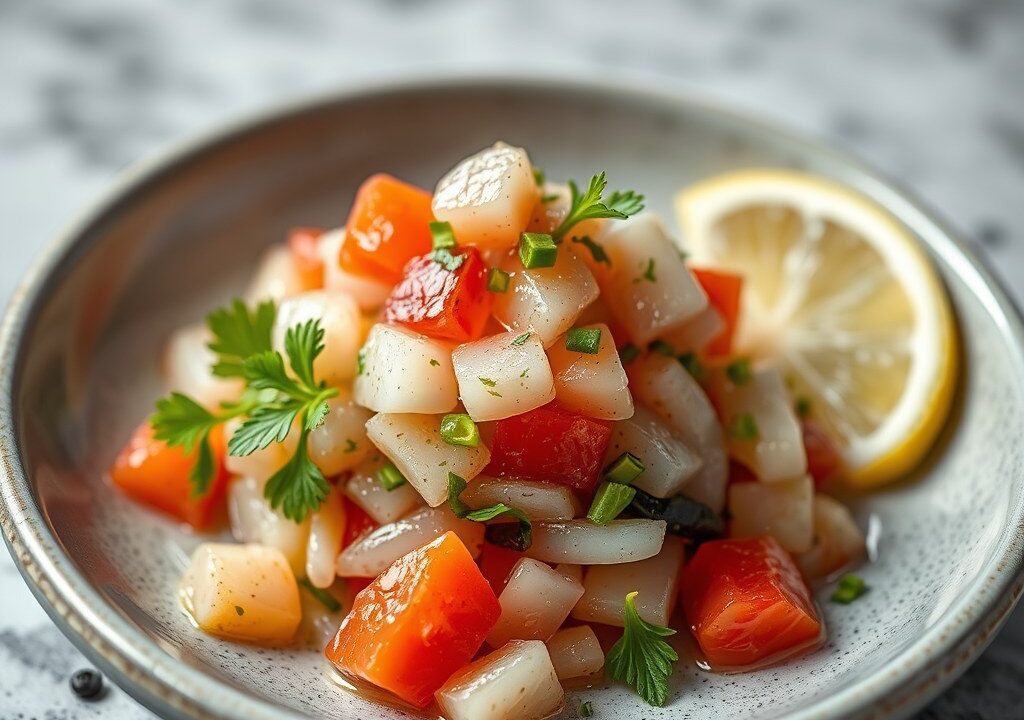 Kabeljauw Ceviche, AI-gegenereerde illustratie