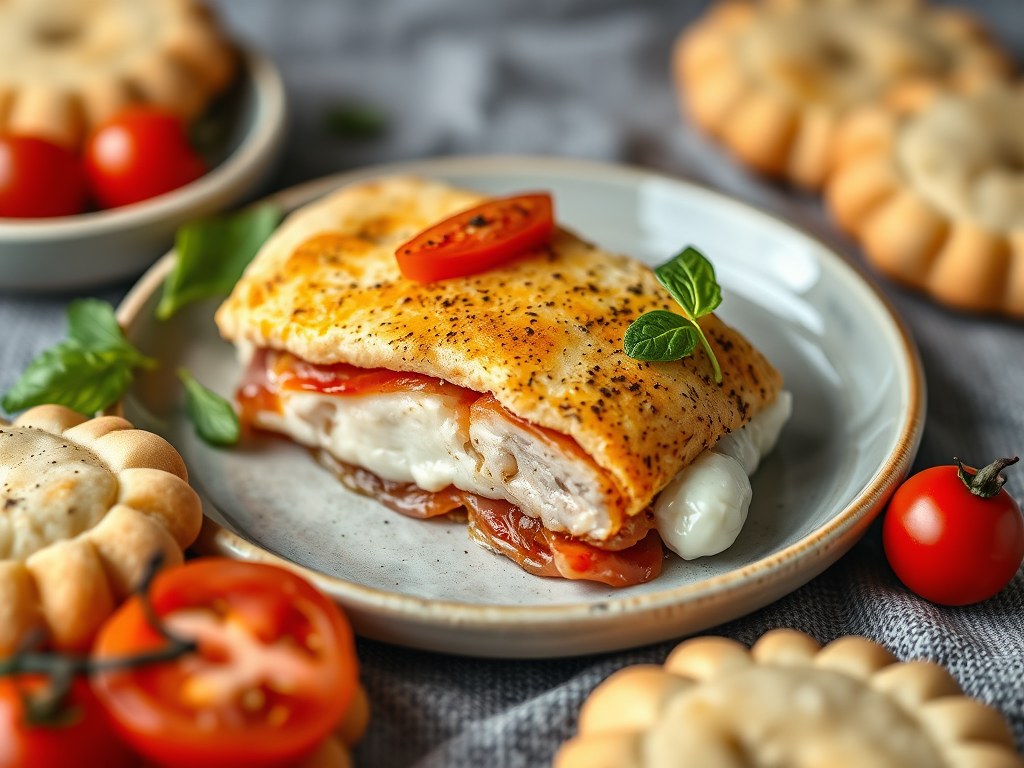 Kabeljauw in parmaham met kaaskoekjes, AI-gegenereerde illustratie