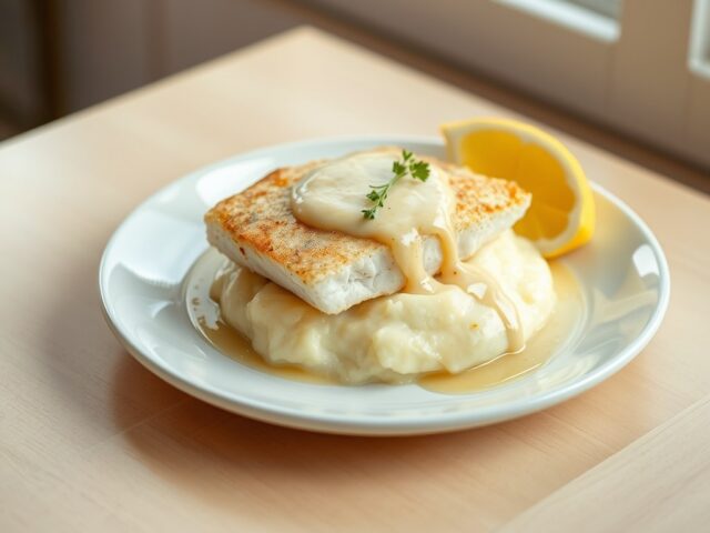 Kabeljauw met aardappel puree.