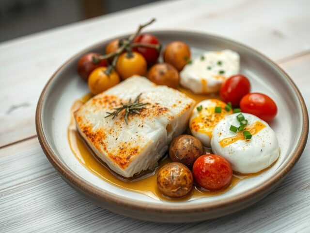 Kabeljauw met gekonfijte aardappeltjes en mozzarel