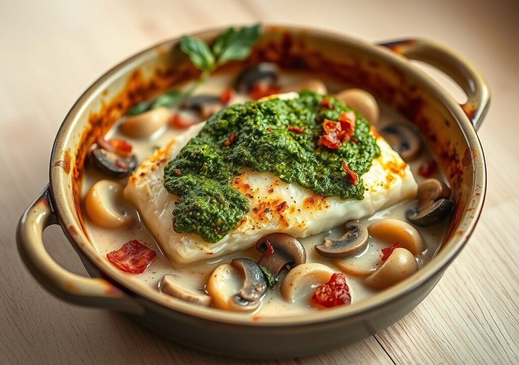 kabeljauw met groene pesto en prei uit de oven, AI-gegenereerde illustratie