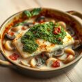 kabeljauw met groene pesto en prei uit de oven