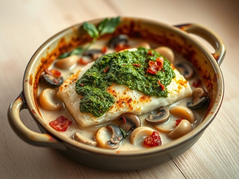 kabeljauw met groene pesto en prei uit de oven