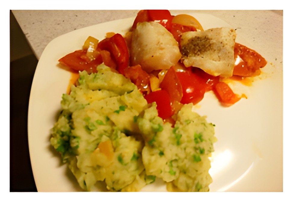 Kabeljauw met groente uit de oven en peterseliepuree